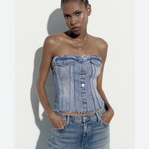 Sneak Peek Denim Corset Tube Top - Light blue strapless button down sz M